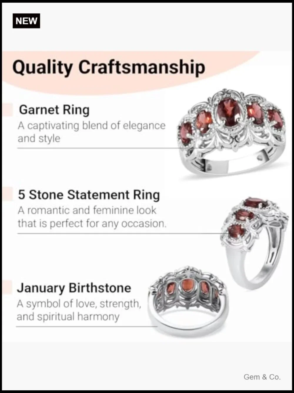 Vintage Style 5 Stone Garnet Ring Platinum Plated Promise Ring